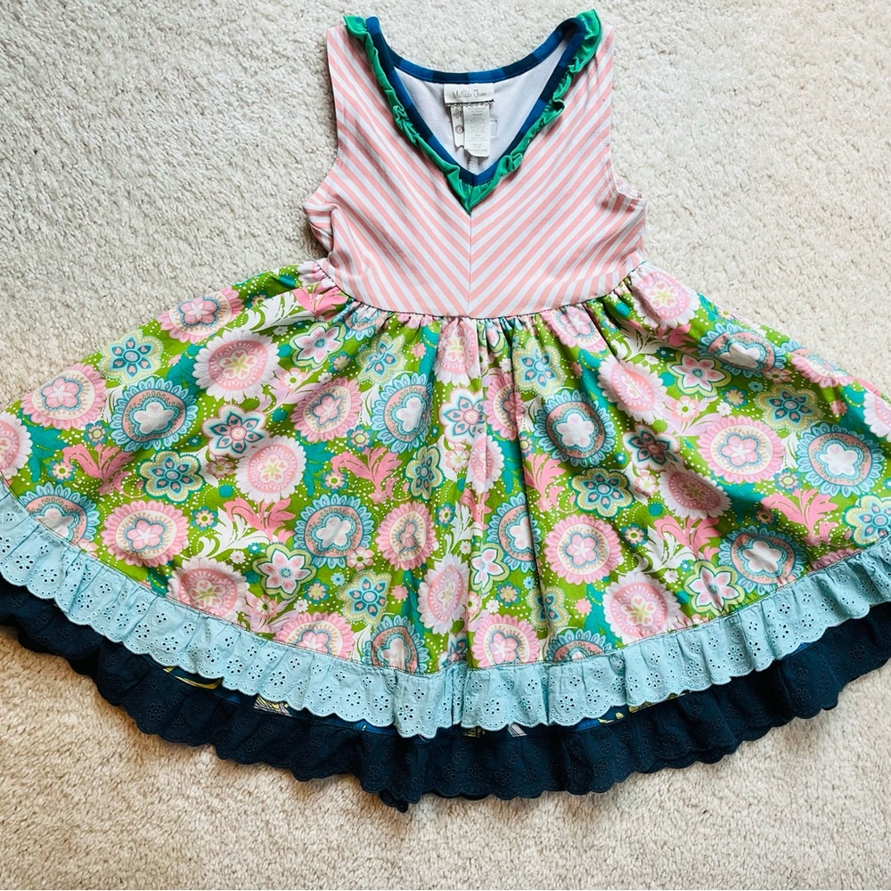 Matilda Jane Pink, Green, blue cake walk Floral eyelet lace chevron twirl Dress